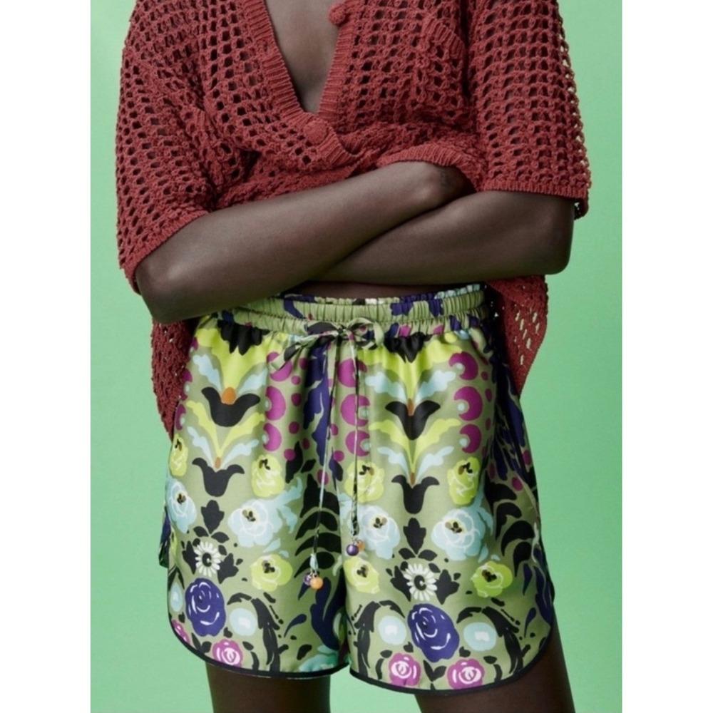 Zara Floral Print Drawstring Shorts Green Purple Beaded Boho S Dopamine